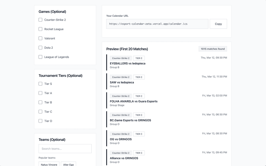 Esport Calendar interface