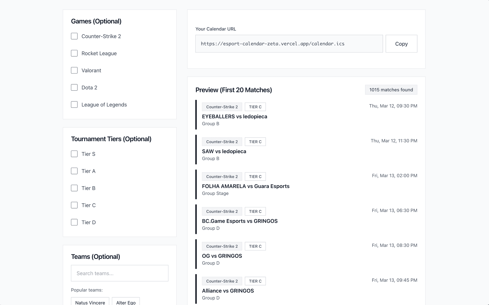 Esport Calendar interface