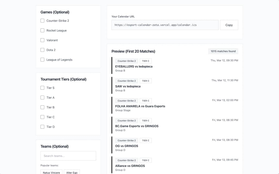 Esport Calendar interface