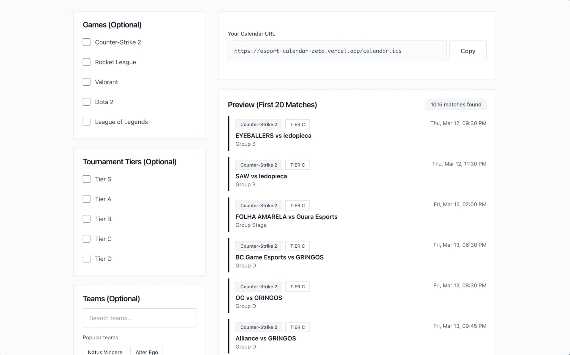 Esport Calendar interface